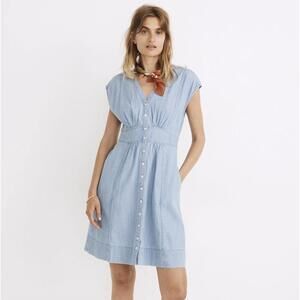 Madewell Denim Cap-Sleeve Button-Front Dress Sunwashed Indigo - Size - 8 - NWT